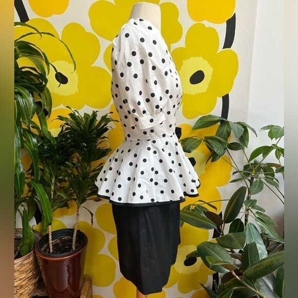 Killer Vintage 1980s White Pleated Tiered Peplum Polka Dot Bow Puff Sleeve Dress - Picture 8 of 11